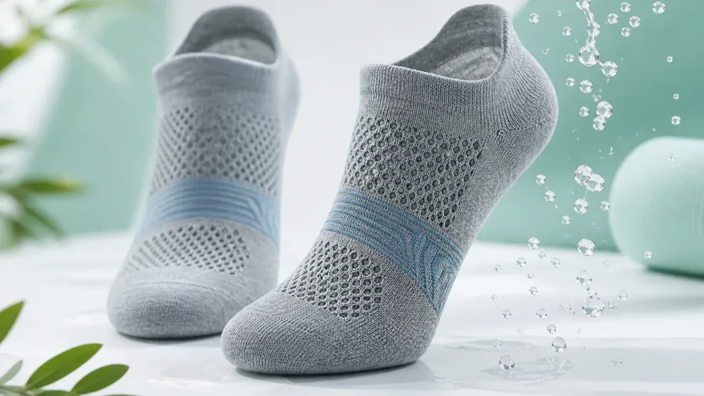 Photographie professionnelle d'une paire de chaussettes anti-transpirantes pour femme en gris chiné avec empiècements en mail