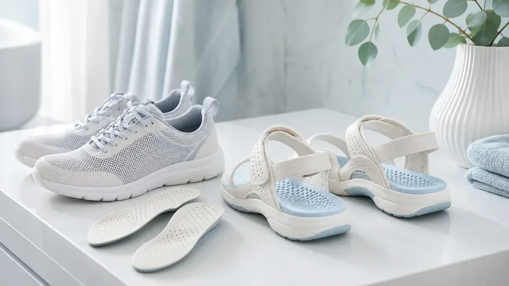 Chaussures pour femme respirantes avec semelles aérées dans une composition claire et moderne évoquant le confort des pieds a