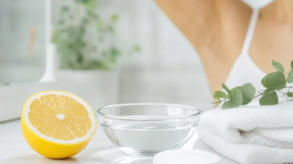 Fresh lemon, cotton pad and skincare items arranged in a clean setting to illustrate cautious use of lemon for underarm odor.