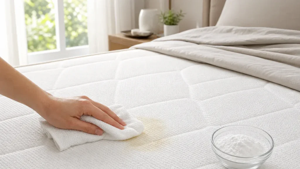 Matelas blanc nettoyé délicatement avec un chiffon pour enlever une auréole jaune de transpiration.