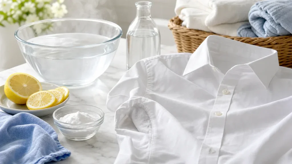 Chemise blanche présentant une trace de transpiration sous l’aisselle, accompagnée de vinaigre blanc, bicarbonate, citron et