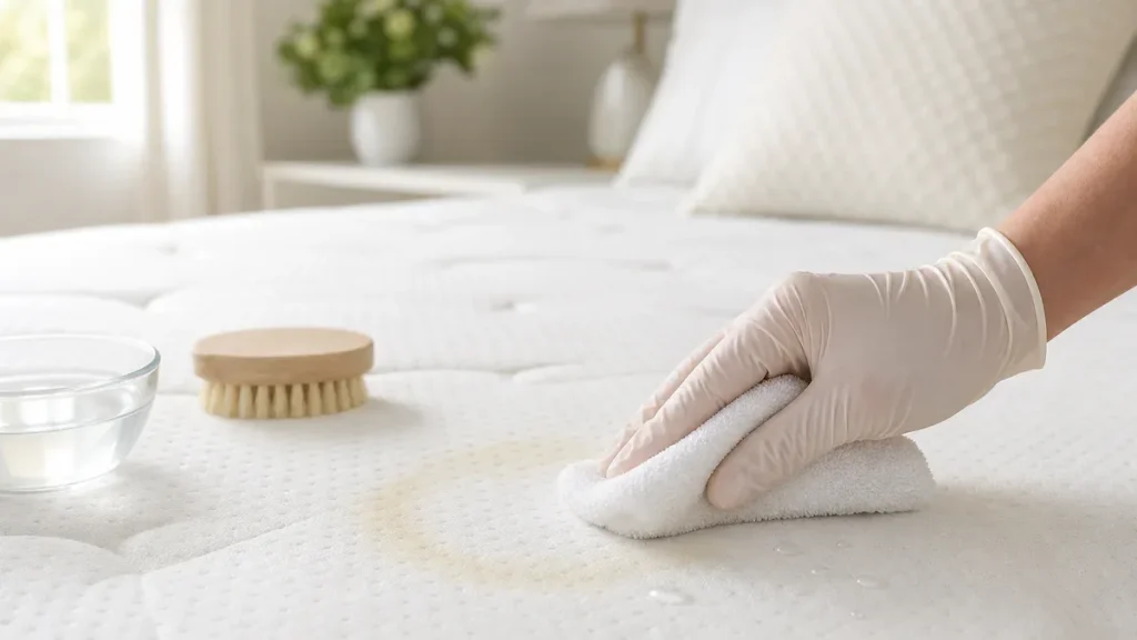 A gloved hand gently dabs a pale halo stain on a white mattress with a microfiber cloth in a clean, bright bedroom.