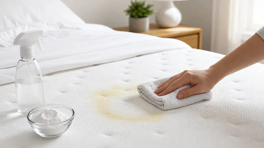 Une main nettoie délicatement une auréole jaunâtre sur un matelas blanc avec un chiffon en microfibre dans une chambre lumine