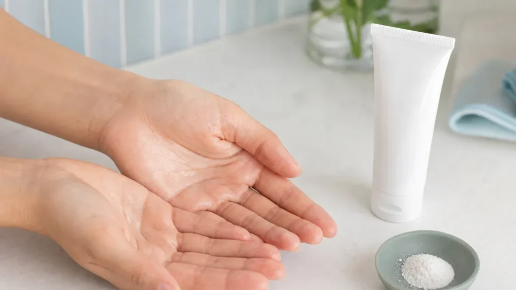 Des mains propres près d'un tube de soin, illustrant le choix d'un produit adapté aux mains moites.