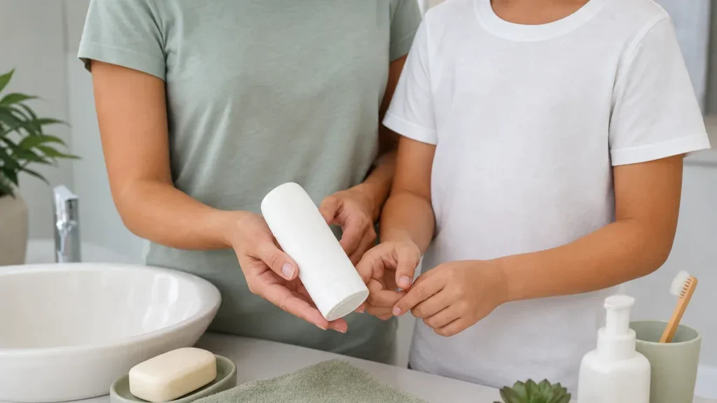 Parent and child choosing a gentle label-free deodorant in a clean bathroom setting.