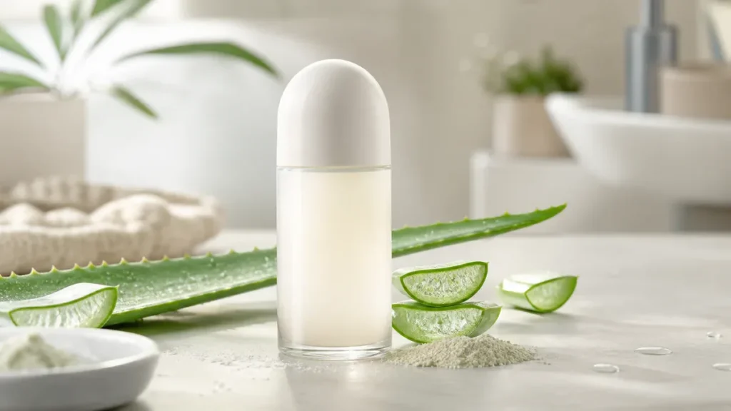 Flacon minimaliste de déodorant sans alcool et sans sels d’aluminium entouré d’aloe vera et de gouttelettes d’eau dans une sa