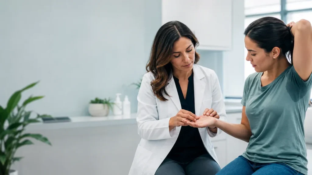 Dermatologist examining a patient's hand during a consultation about excessive sweating in a modern clinic
