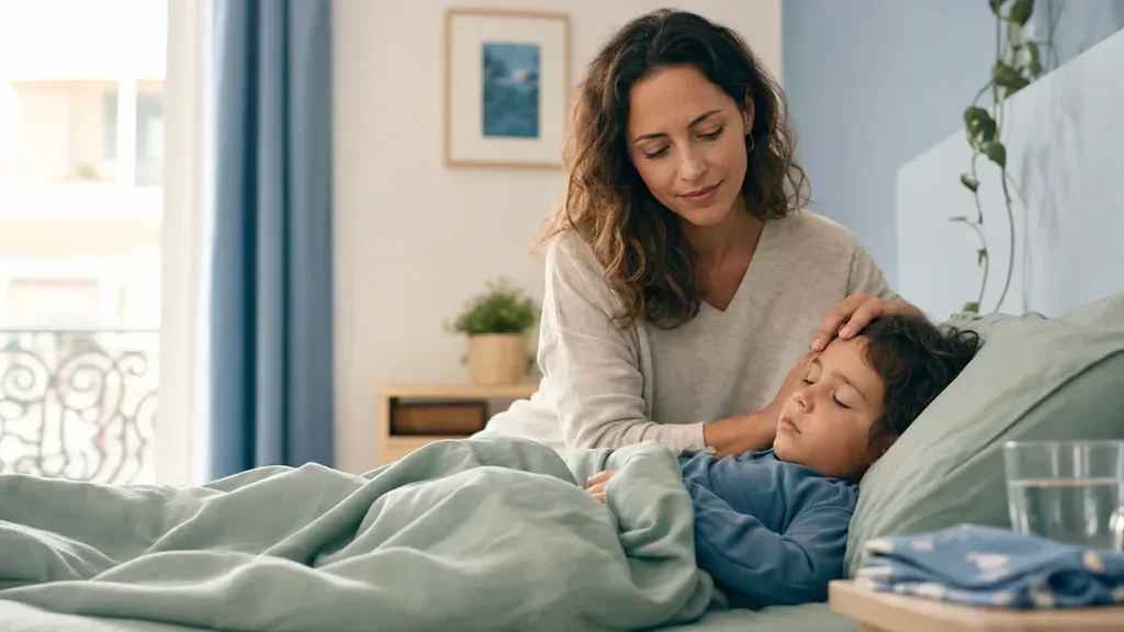 Un parent vérifie doucement le front d'un enfant en sueur dans une chambre calme et lumineuse.