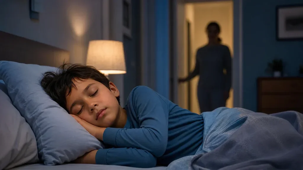 Un enfant dort dans une chambre calme avec une légère transpiration nocturne pendant qu’un parent vérifie discrètement son ét