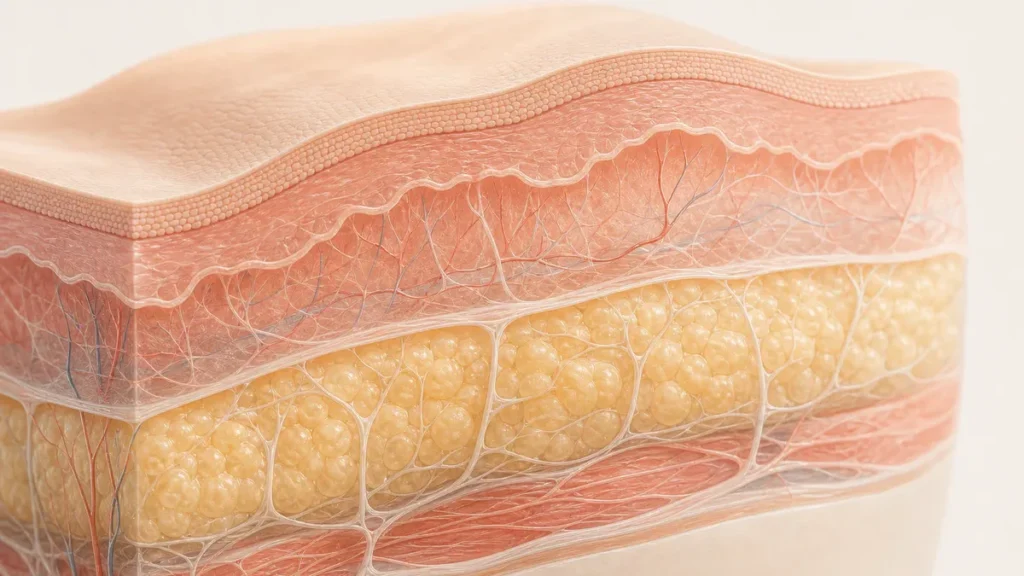 Illustration médicale moderne en coupe transversale montrant les différentes couches de tissus mous abdominaux, distinguant v