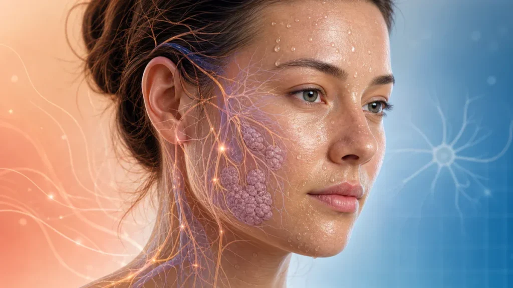 Adulte vu de profil avec de fines gouttes de sueur sur le front et le visage, accompagné d'une suggestion visuelle des glande