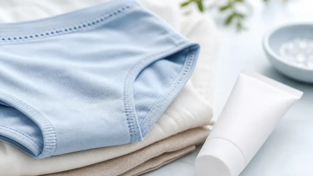 Discreet medical wellness scene with breathable fabric and skin care products representing gentle treatment for excessive swe