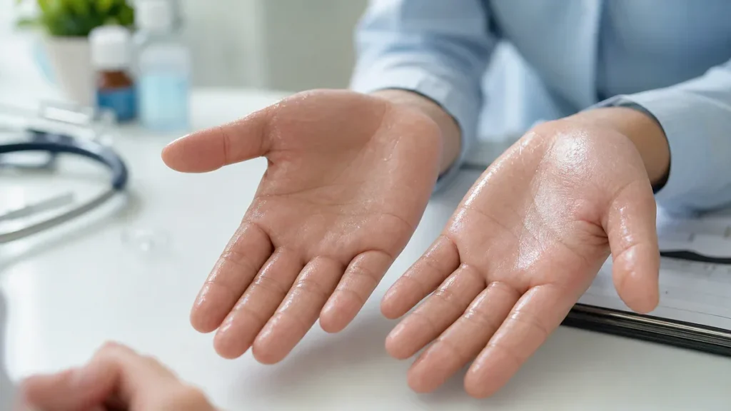 Gros plan de mains ouvertes légèrement humides dans un environnement médical sobre, illustrant l’hypersudation des mains.