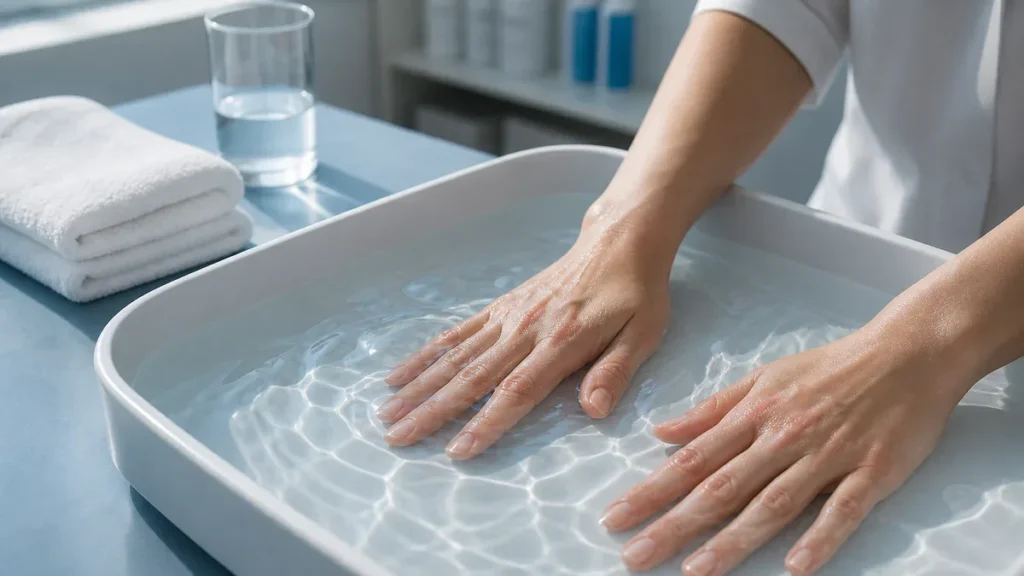 Mains posées dans un bac d'eau peu profond lors d'une séance d'ionophorèse, photographie éditoriale médicale avec une lumière