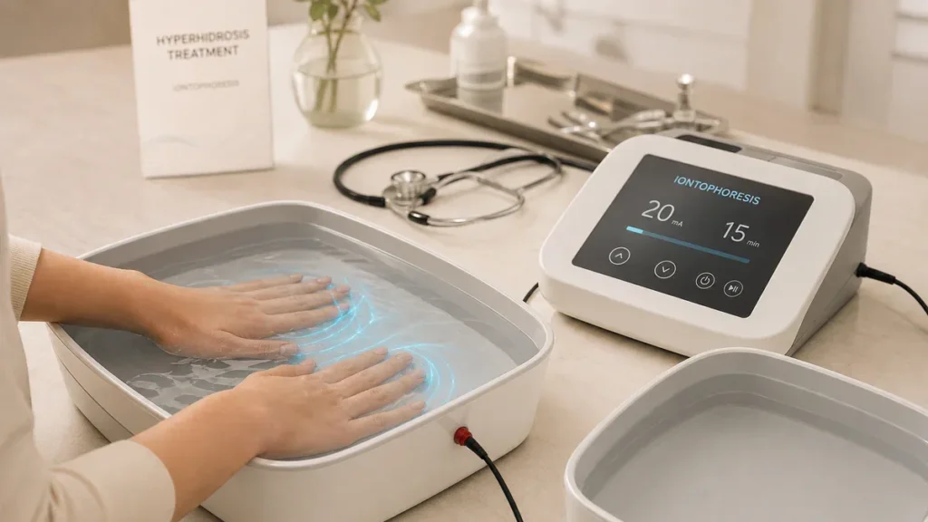 Modern medical illustration showing hands undergoing iontophoresis treatment in a water-filled tray connected to a dermatolog