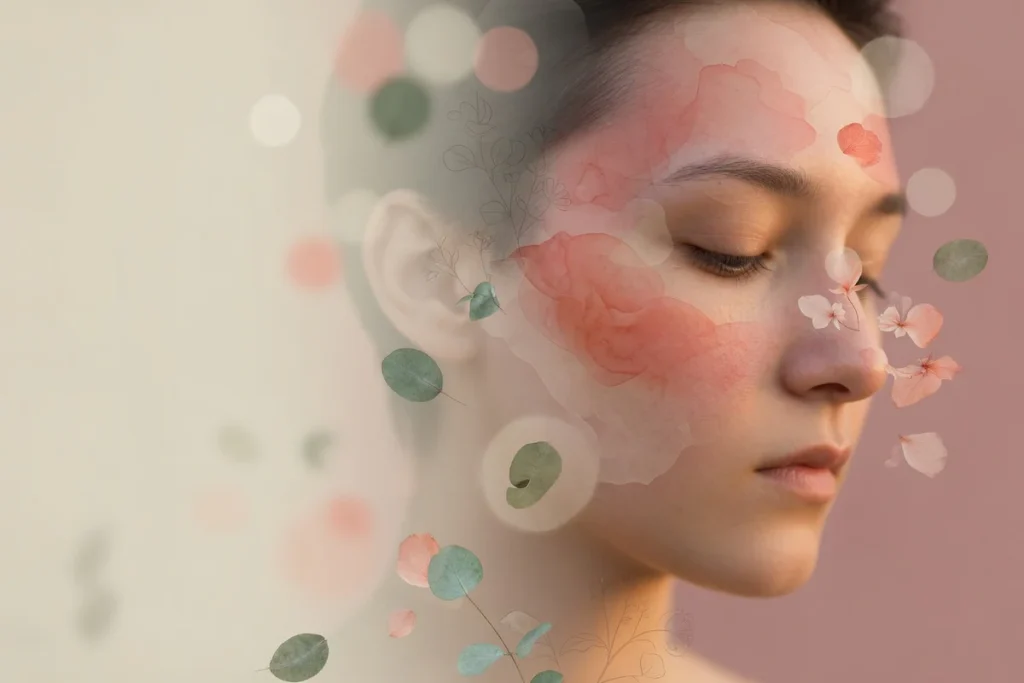 Artistic side profile portrait with soft translucent layers of pink and coral hues flowing across the face, surrounded by del