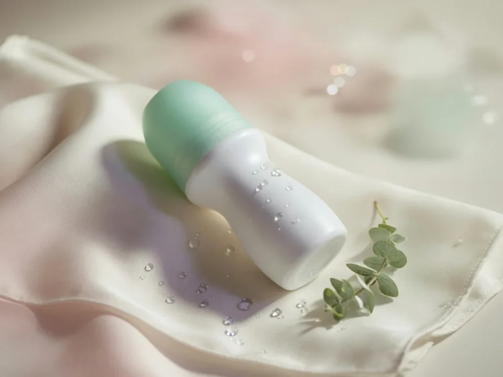 Minimalist editorial photograph of an elegant white and mint roll-on antiperspirant bottle lying on draped ivory silk fabric
