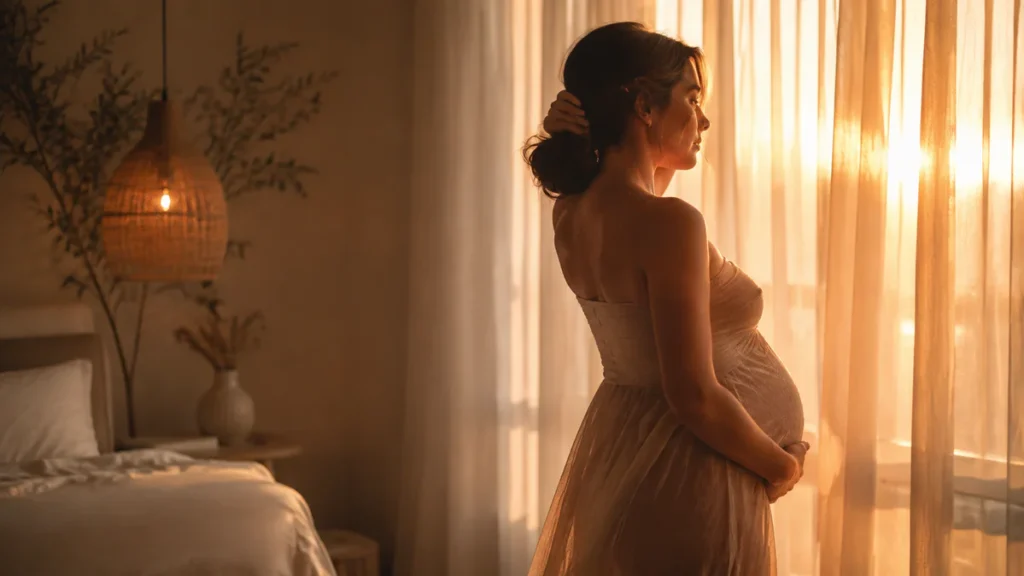 Silhouette of a pregnant woman in the third trimester standing by a window in warm golden light, gently lifting her hair from