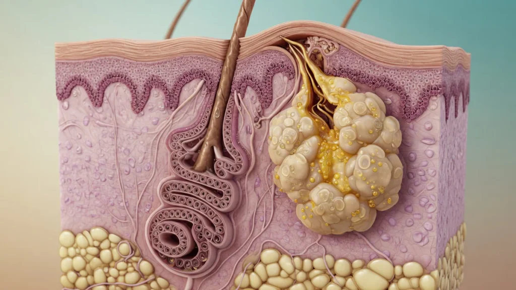 3D medical illustration of a skin cross-section comparing sweat glands and sebaceous glands, showing a coiled eccrine gland r