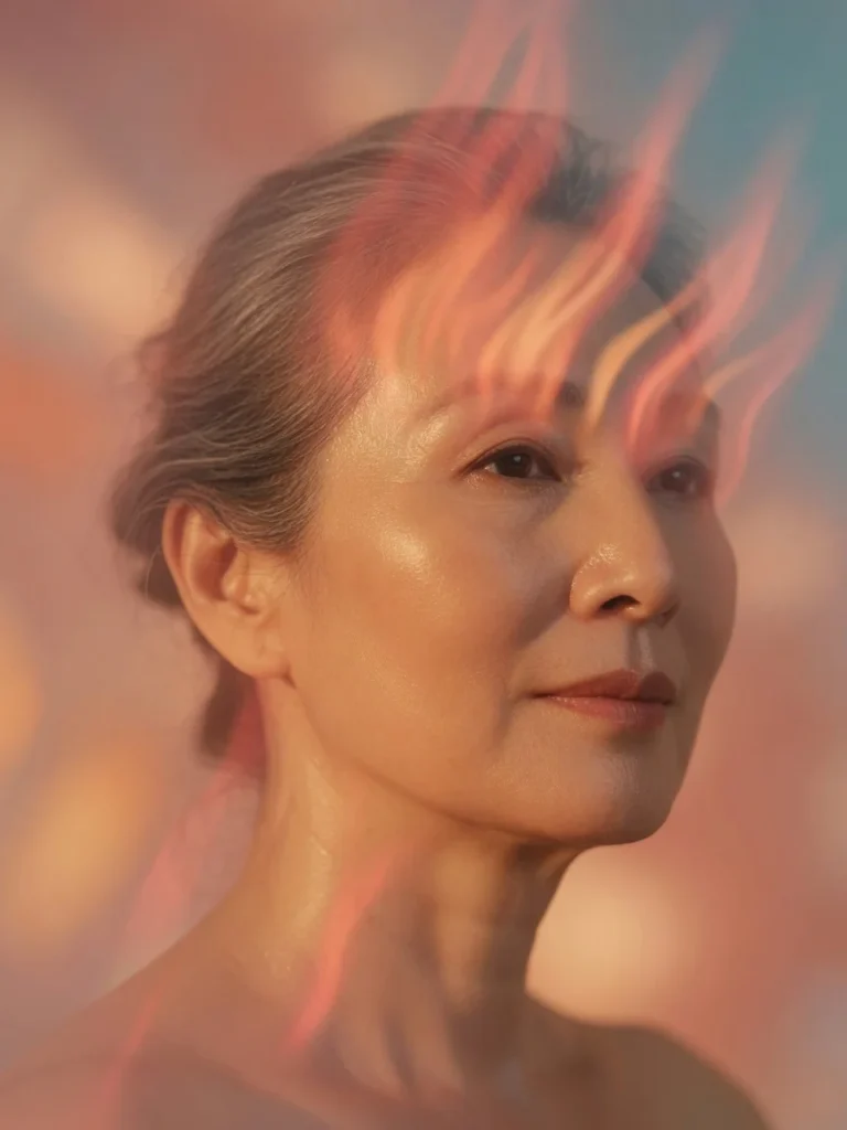 Portrait éditorial en gros plan d'une femme mature, de profil, avec des dégradés de couleurs chaudes dorées et corail suggéra