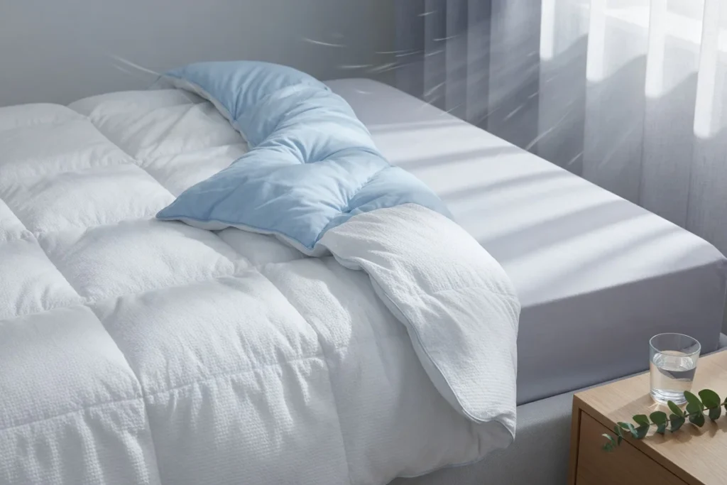 Vue éditoriale d'une couette légère et respirante en blanc avec une texture aérée, sur un lit minimaliste dans une chambre ba