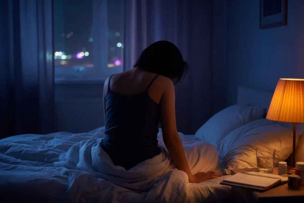 Personne assise dans son lit la nuit, à moitié silhouettée dans une lumière douce et chaude, évoquant un moment de réveil noc
