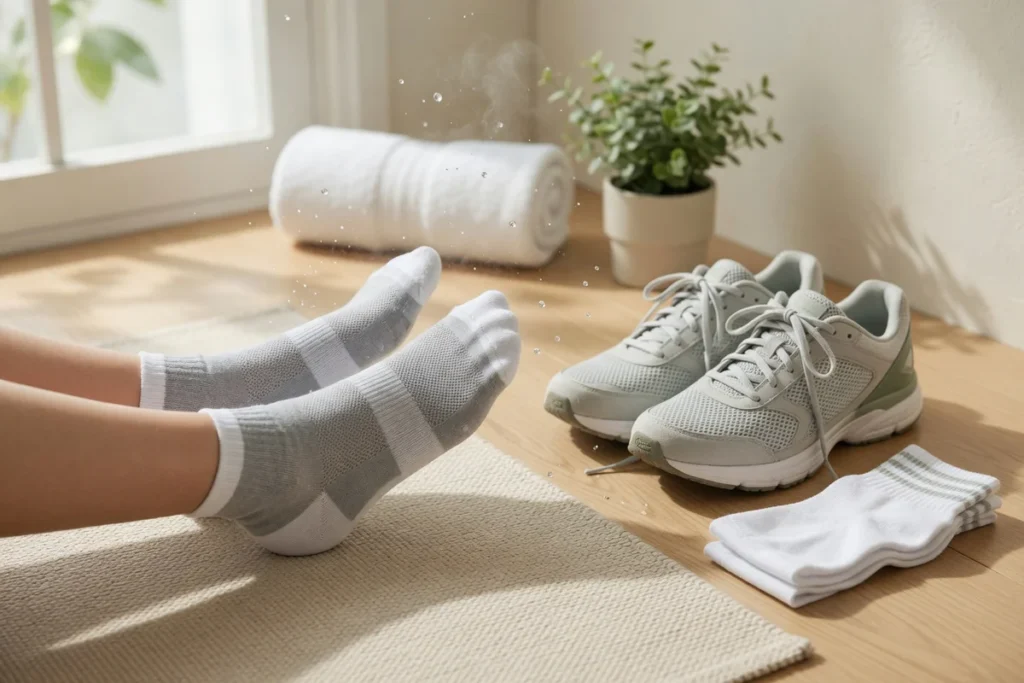 Professional lifestyle photograph showing feet wearing moisture-wicking socks next to breathable running shoes in a clean, sp