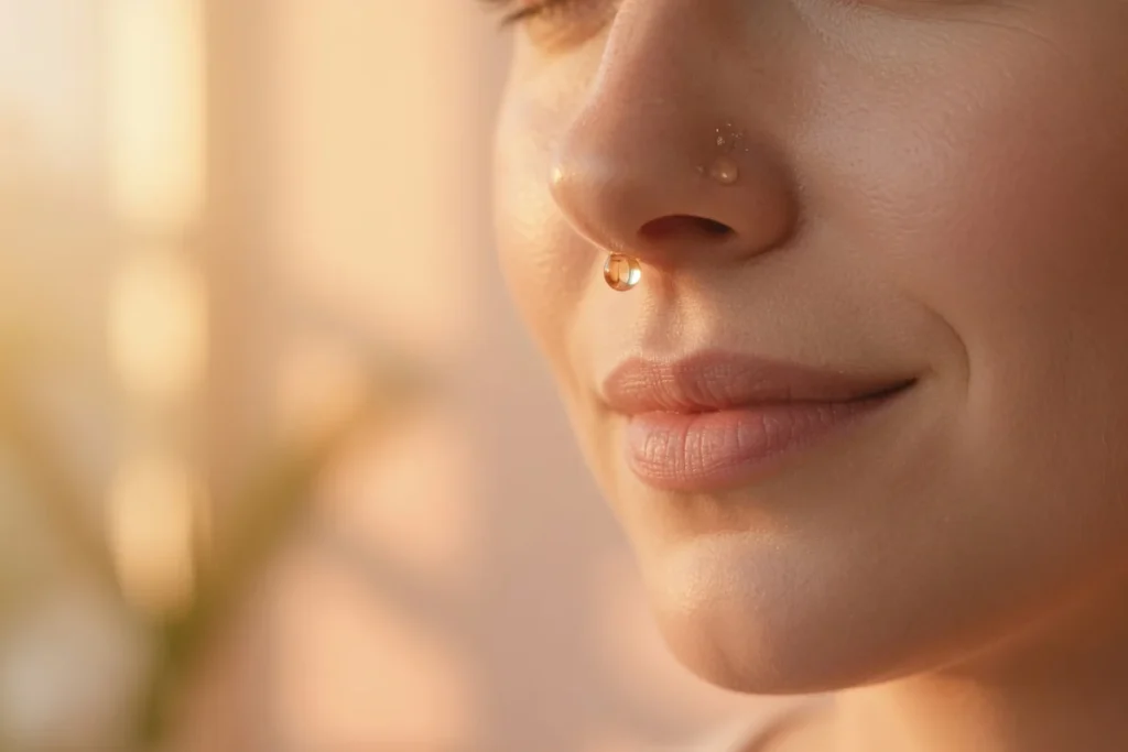 Close-up photograph of a person's face with a single delicate sweat droplet on the nose, bathed in soft warm natural light, r