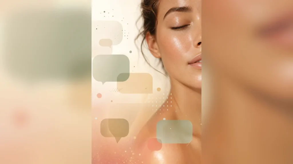 Editorial composition of luminous facial skin texture with floating translucent speech bubble shapes in sage green and warm b