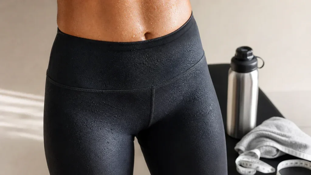 Close-up of a person wearing sweat-enhancing workout leggings in a clean gym setting with water, towel, and measuring tape ne