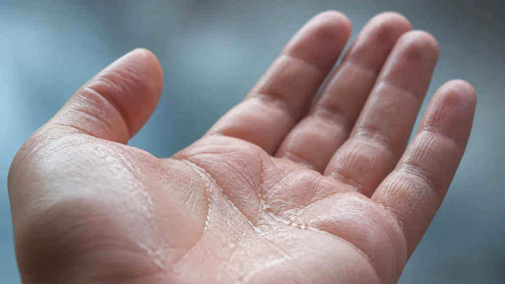Close-up photograph of an open palm with subtle glistening moisture droplets catching soft light, representing the topic of s