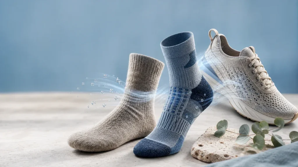 Merino wool and technical athletic socks displayed beside a breathable shoe with subtle moisture-wicking airflow effects.