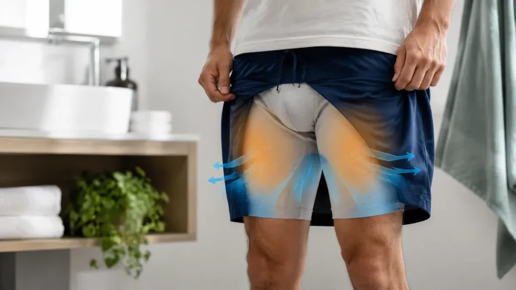 Illustration discrète d’un homme en sous-vêtements respirants montrant la chaleur et l’humidité autour de l’intérieur des cui