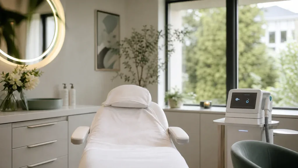 Modern aesthetic clinic treatment room with soft natural lighting, featuring a white treatment chair and sleek medical equipm
