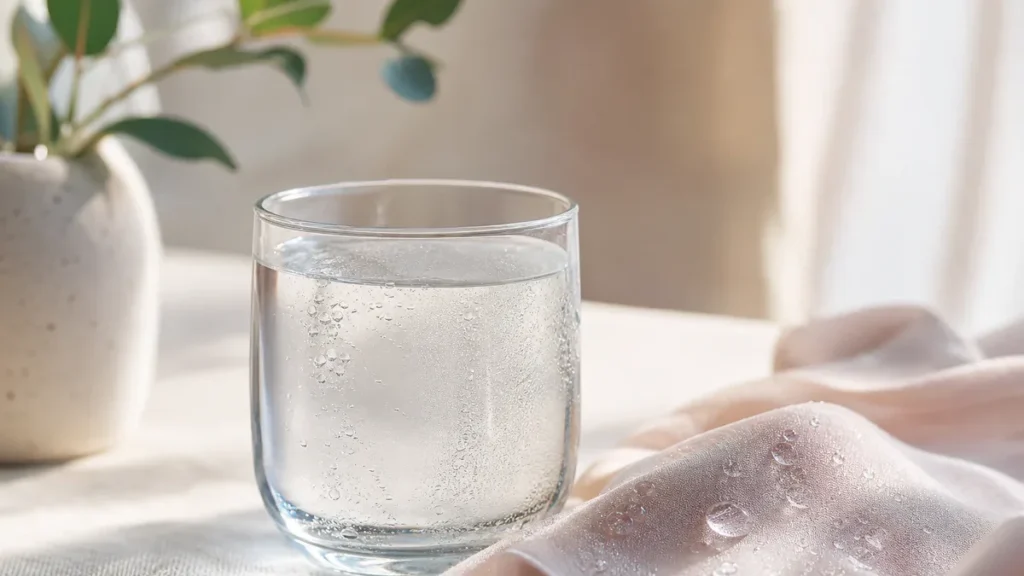 Still life composition of a clear glass of water with condensation droplets on soft cream linen fabric, illuminated by soft m