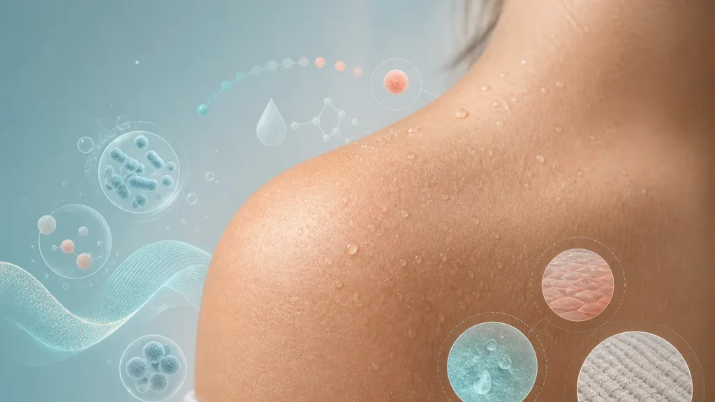 Illustration abstraite d'une peau humaine avec sueur, microbiote cutané et variations de pH symbolisant les causes possibles