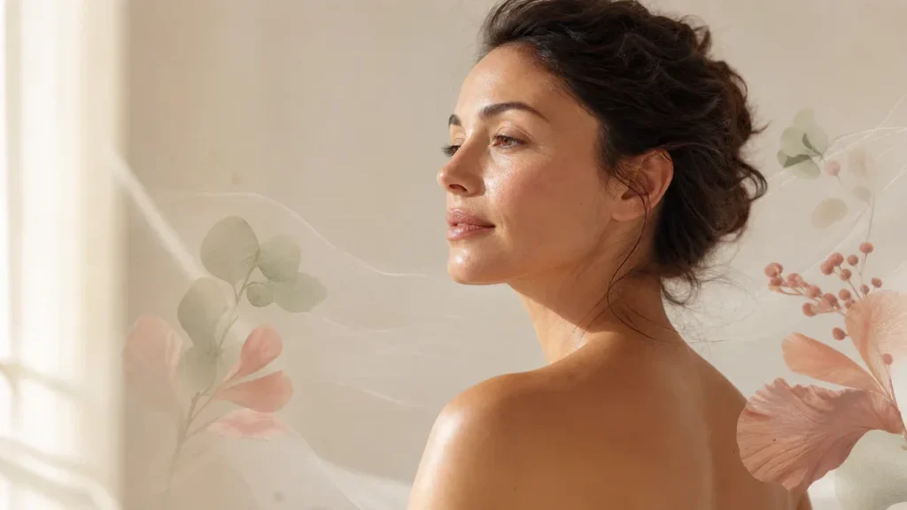 Portrait éditorial d’une femme sereine évoquant l’équilibre naturel, la fraîcheur et la santé intime.