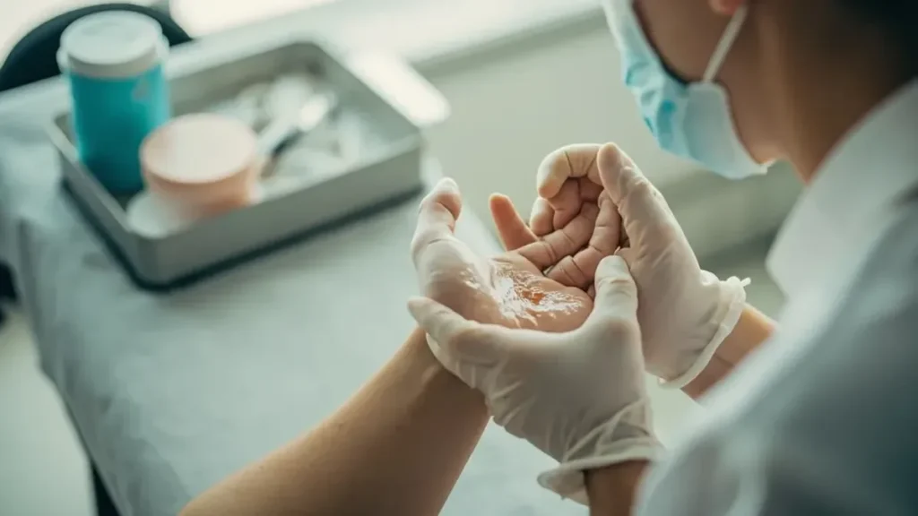 Mains moites examinées par un dermatologue en consultation