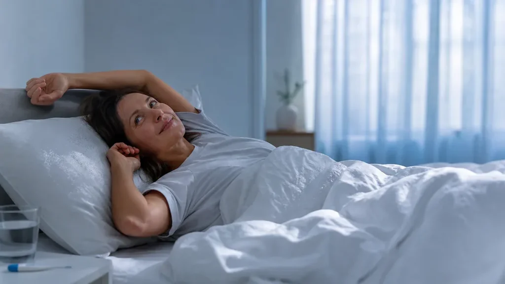 Personne se réveillant dans un lit au petit matin avec des draps légèrement humides, évoquant la transpiration nocturne.