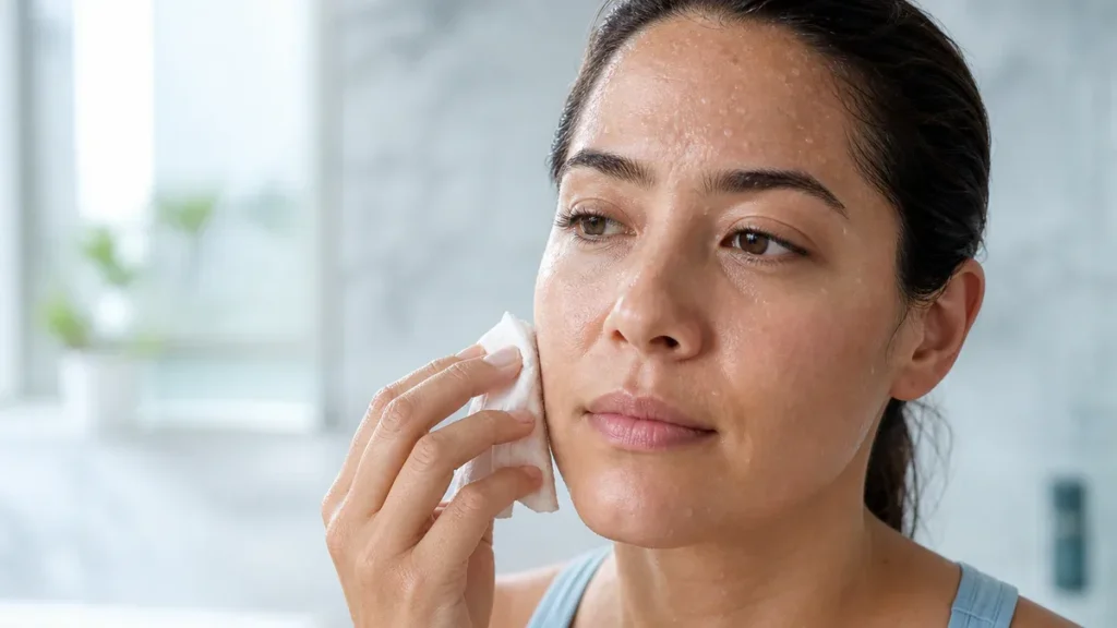 Person with subtle sweat on the forehead in a clean wellness setting, representing facial perspiration and daily solutions.