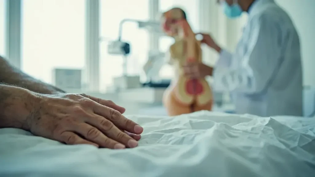 Patient assis mains humides, médecin de dos montre modèle thoracique