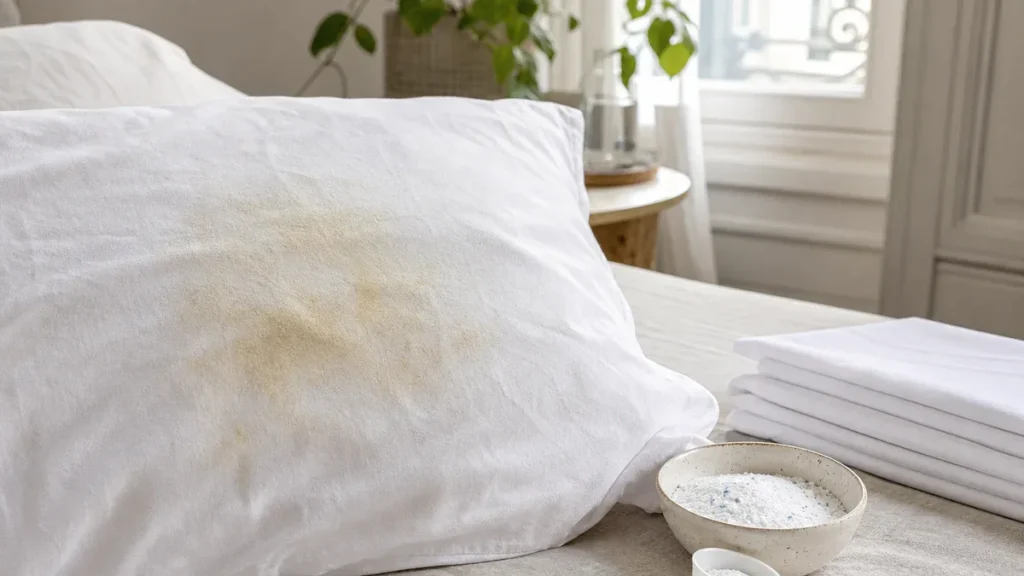 A white pillowcase with yellow perspiration stains shown beside fresh folded linens in a clean bedroom laundry setting.