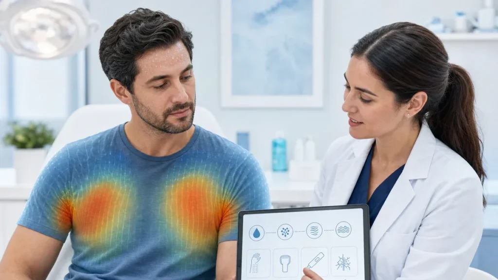Dermatologist discussing generalized excessive sweating treatment options with a patient in a modern clinic.