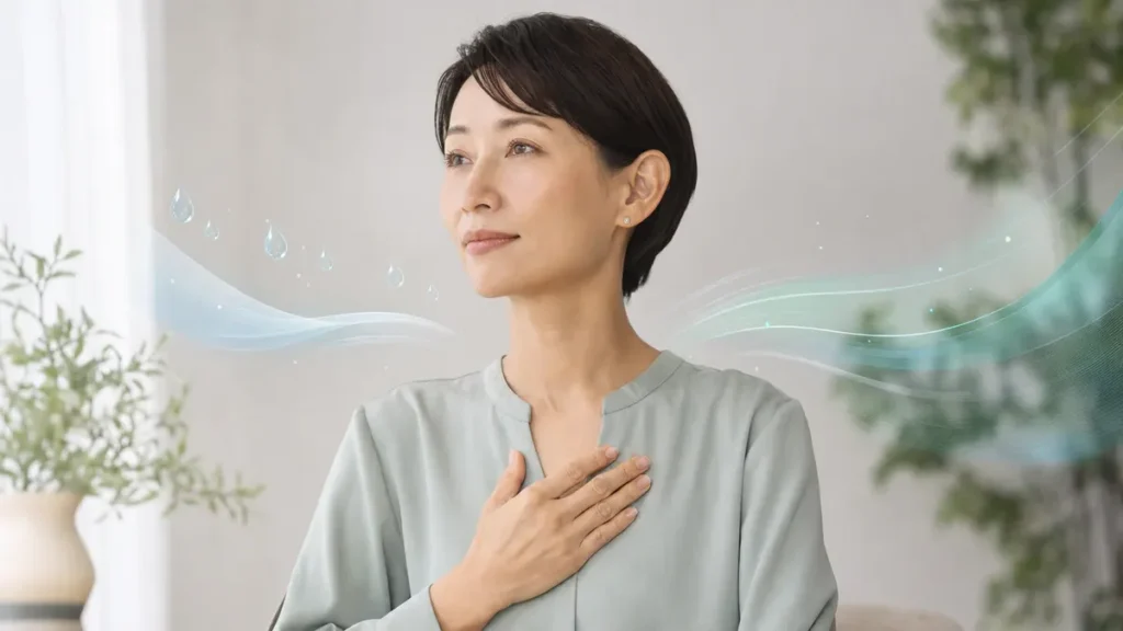 Person calming stress-related sweating in a clean professional setting with abstract droplets fading into soothing lines.