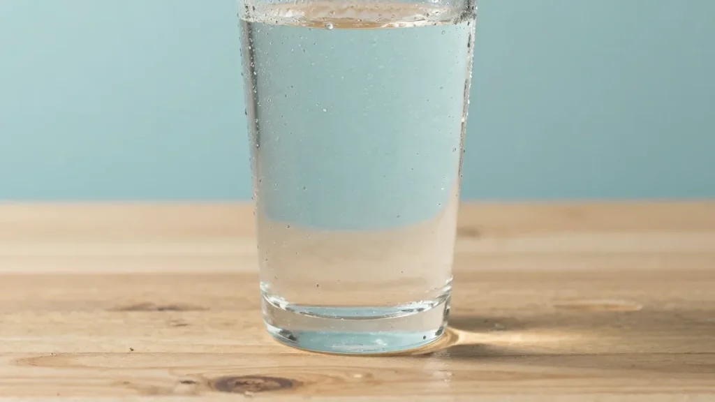 Verre d eau fraiche sur une table en bois, illustration pour la deshydratation et la transpiration excessive en ete