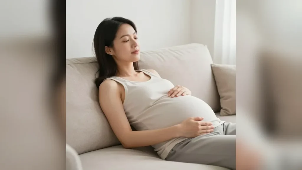 Femme enceinte reposant chez elle : transpiration et hormones