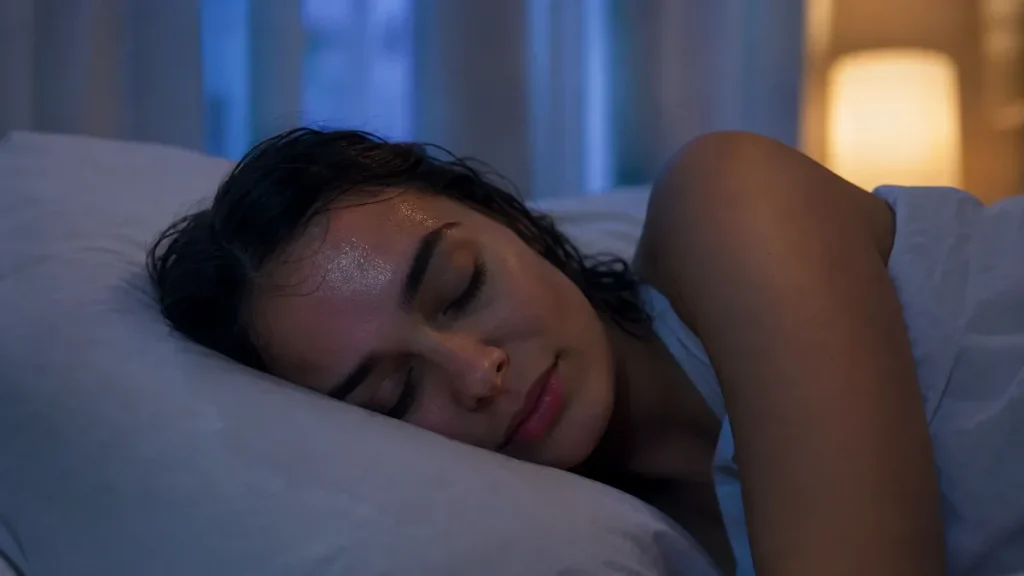 Personne dormant la nuit avec le front et les cheveux légèrement humides sur un oreiller, évoquant la transpiration de la têt