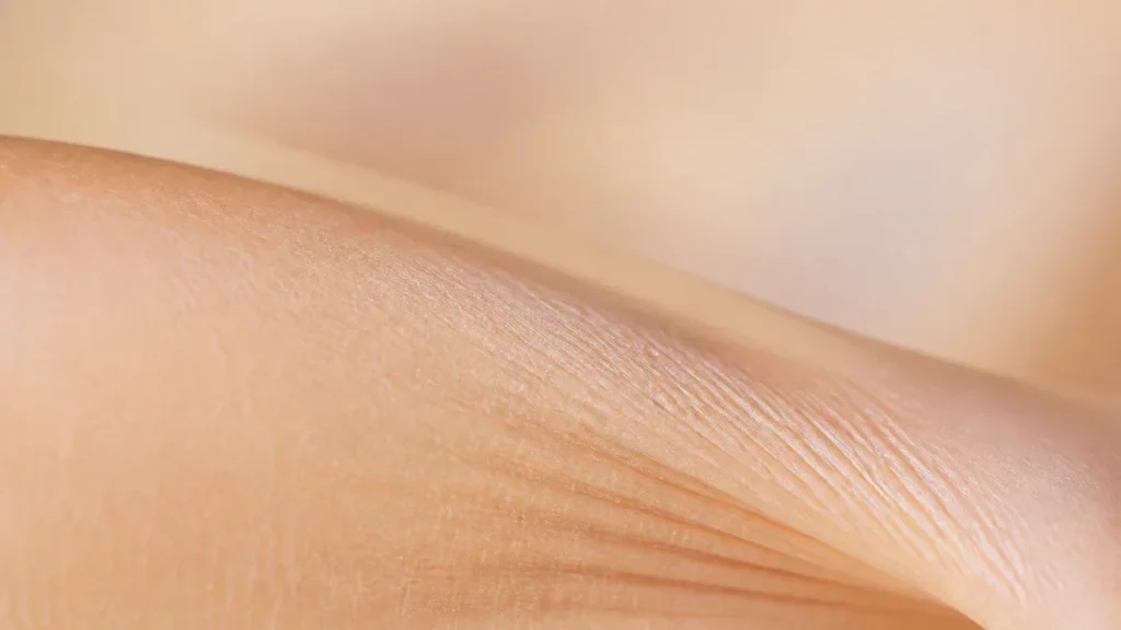 Image éditoriale abstraite en gros plan représentant une texture de peau délicate avec de subtiles striations linéaires dans
