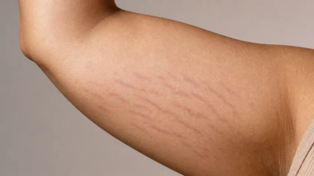 Macro photograph of skin on a bicep showing subtle pinkish stretch marks with soft clinical lighting, representing the articl